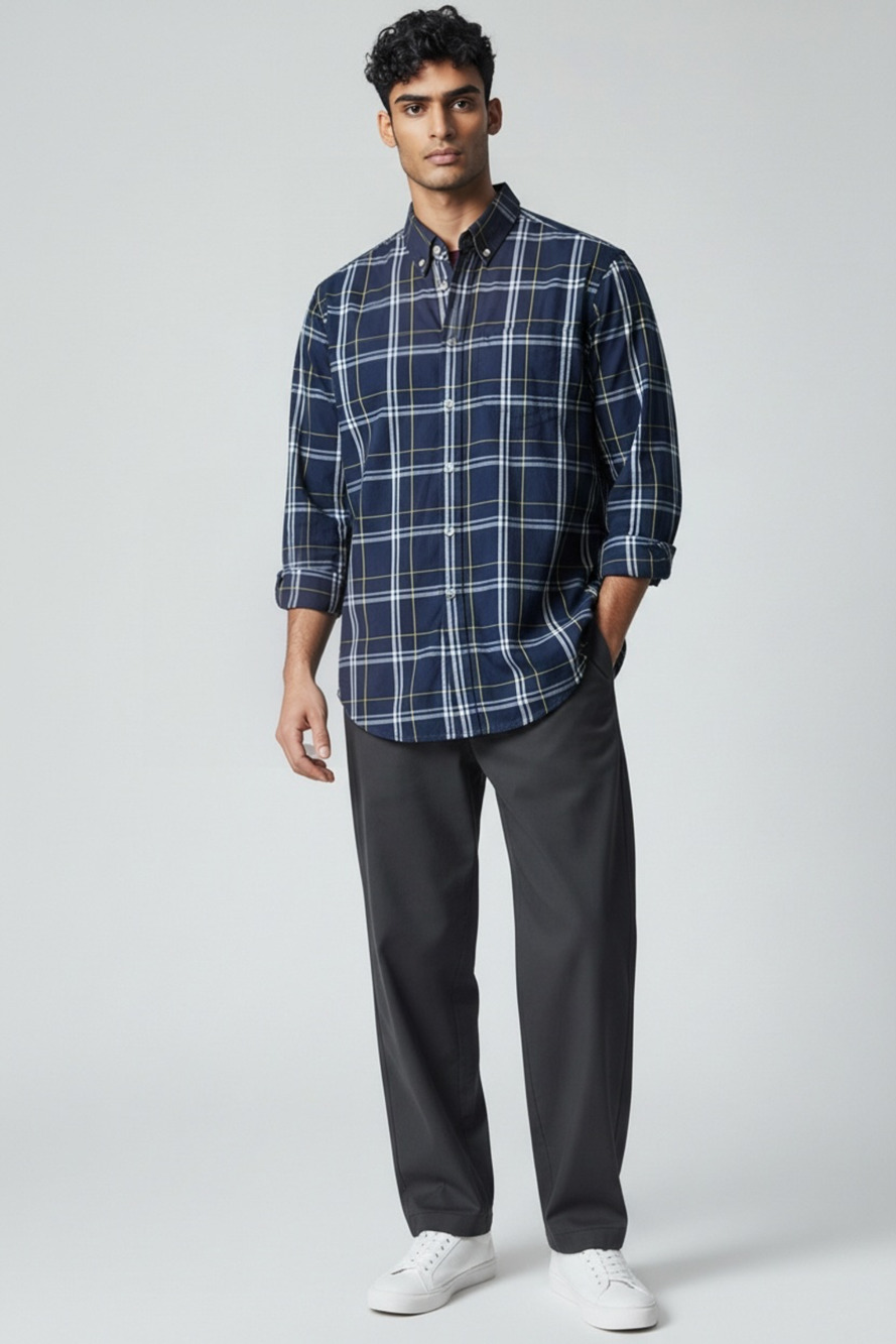 American Eagle Outfitters Plaid Long Sleeve Shirt Size S Navy